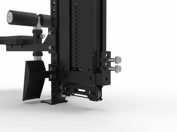 Close-up of the SMAI USA Lat Pull / Low Row Cable Tower Add On – Vanta Series, featuring adjustable weights, metal bolts, and padded parts, photographed against a plain white background.