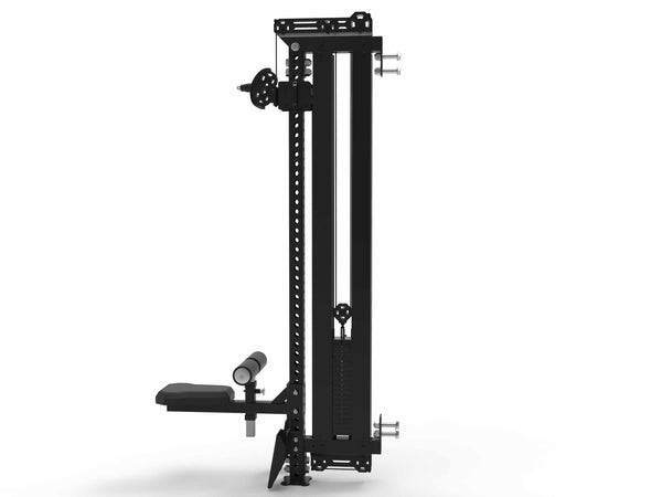 A black SMAI USA Lat Pull / Low Row Cable Tower Add On – Vanta Series gym machine with a vertical frame, adjustable weight stack, bench, and handles for strength training is shown against a white background.
