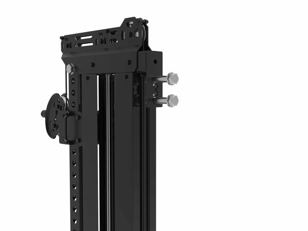 Close-up of the SMAI USA Vanta Series Lat Pull / Low Row Cable Tower Add On in black metal, highlighting adjustable knobs, rails, and holes—shown on a white background.