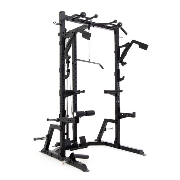 Half Power Rack With Plate Loaded Lateral Pull Down / Rower Side View