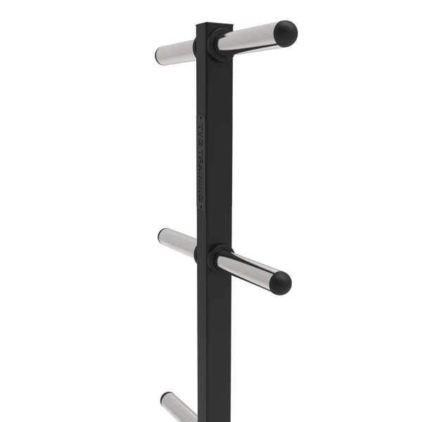 The SMAI The Yard - Bumper Plate Storage Tree - Olympic is a vertical black metal rack with three pairs of horizontal silver bars per side, ideal for organized Olympic plate or gym equipment storage.