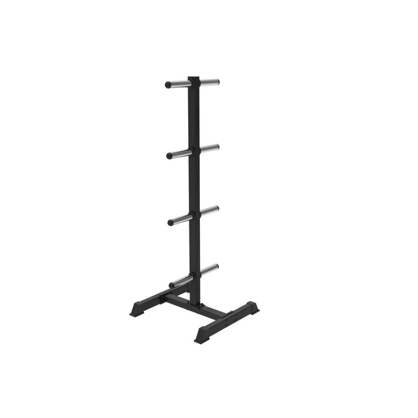 The SMAI The Yard - Bumper Plate Storage Tree - Olympic is a black metal rack with four horizontal pegs on each side for organizing gym weights, standing securely on a sturdy rectangular base.