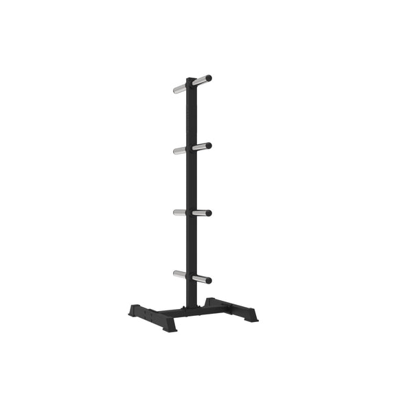 The SMAI Yard Bumper Plate Storage Tree - Olympic is a black, vertical rack with four pairs of metal pegs and a sturdy base, perfect for organizing weight plates in any gym.