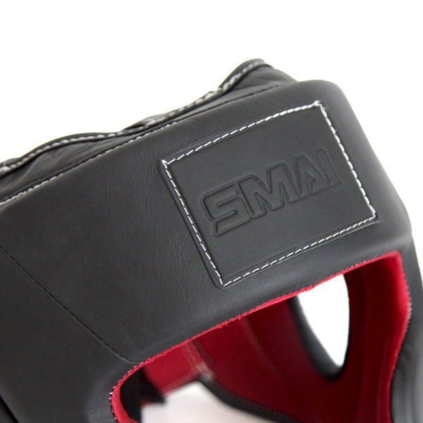 Elite85 Boxing Headgear Close up of SMAI Logo on Forehead