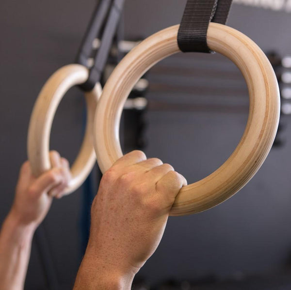 Close up of Wooden Gym Rings - Easy Straps