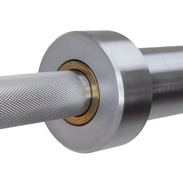 IWF Olympic Barbell (Bearing) - 15kg Close up of Bushing and knurling